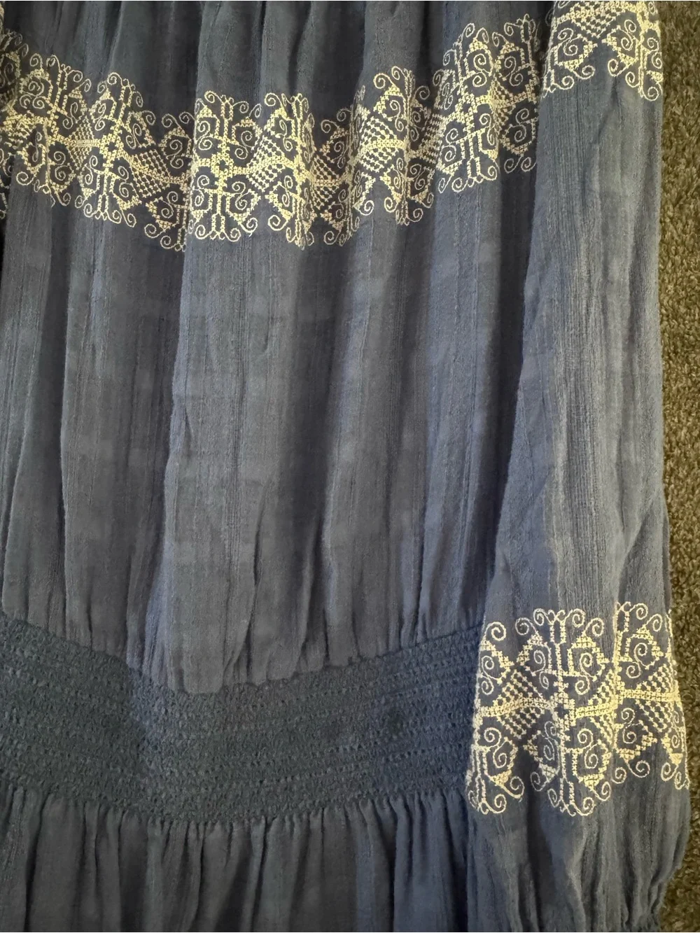 Tory Burch Blue Off-Shoulder Embroidered Long-Sleeve Dress